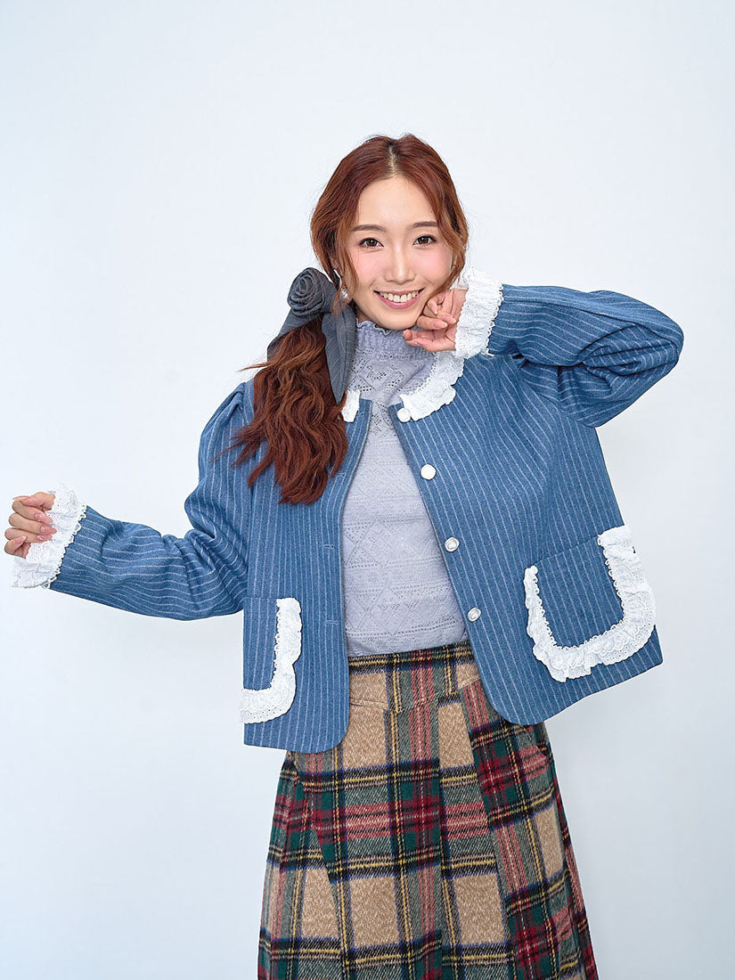 Lace Trim Striped Denim Jacket