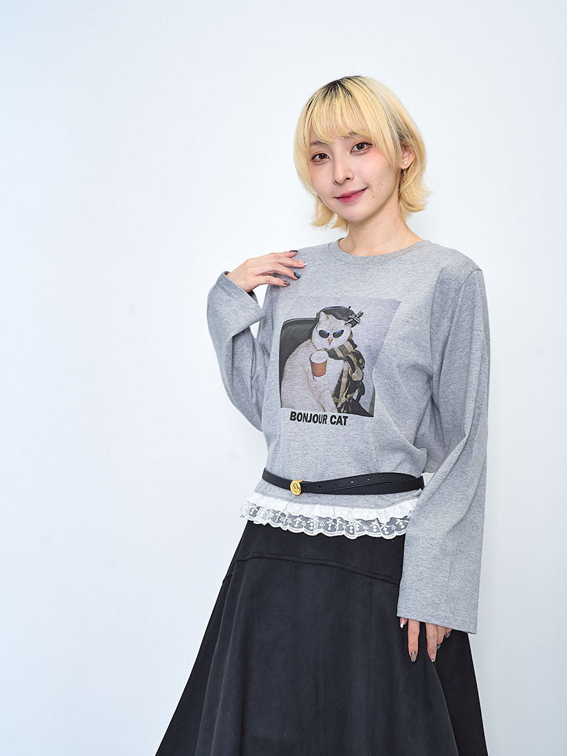 Ruffle Lace Hem 'Bonjour Cat' Tee (2 Colours)