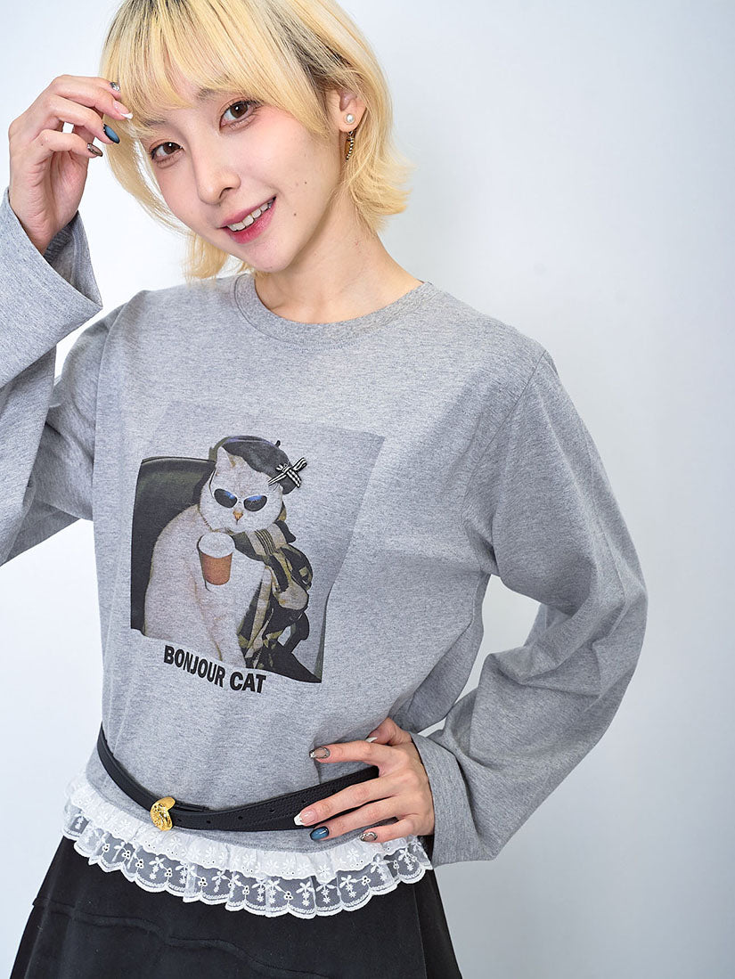 Ruffle Lace Hem 'Bonjour Cat' Tee (2 Colours)