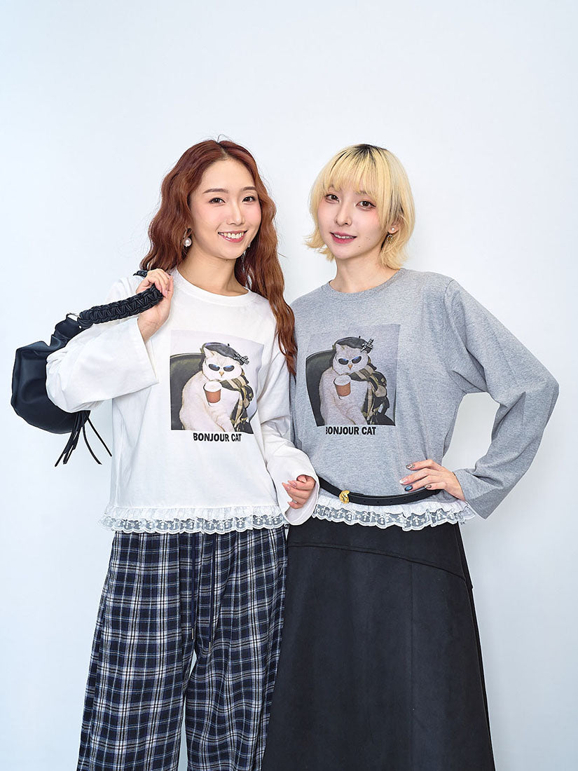 Ruffle Lace Hem 'Bonjour Cat' Tee (2 Colours)