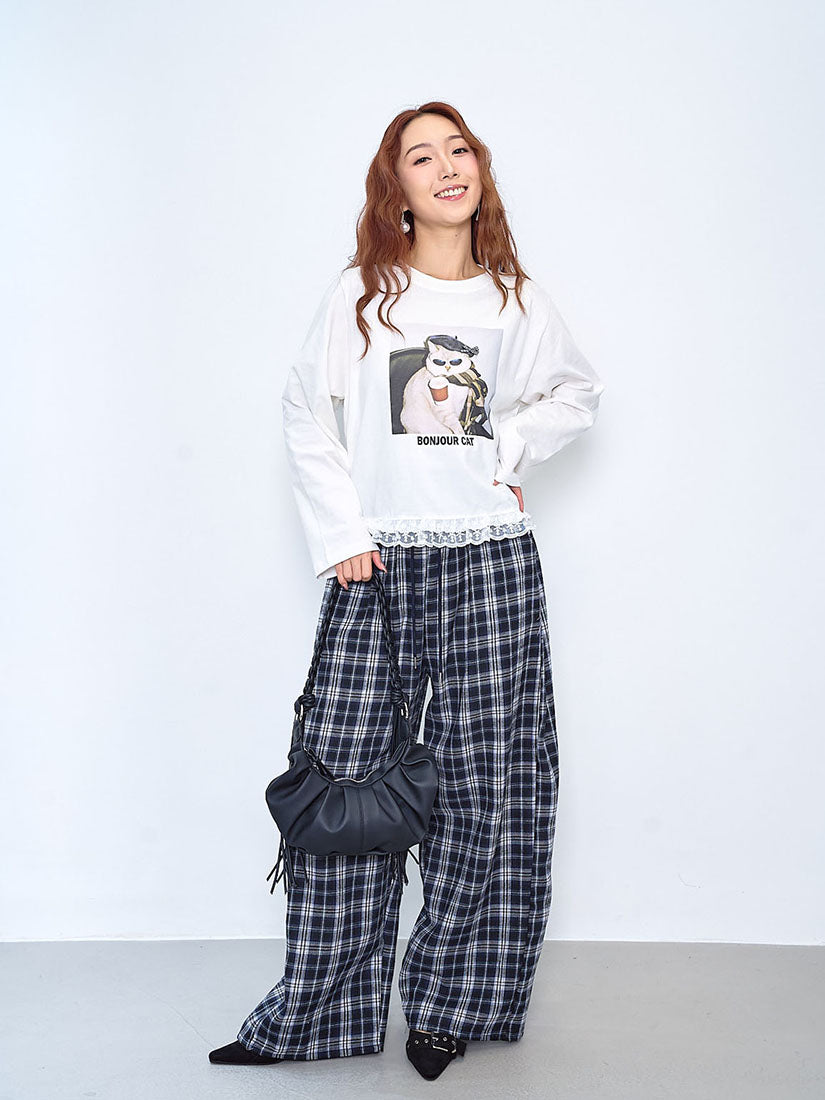 Ruffle Lace Hem 'Bonjour Cat' Tee (2 Colours)