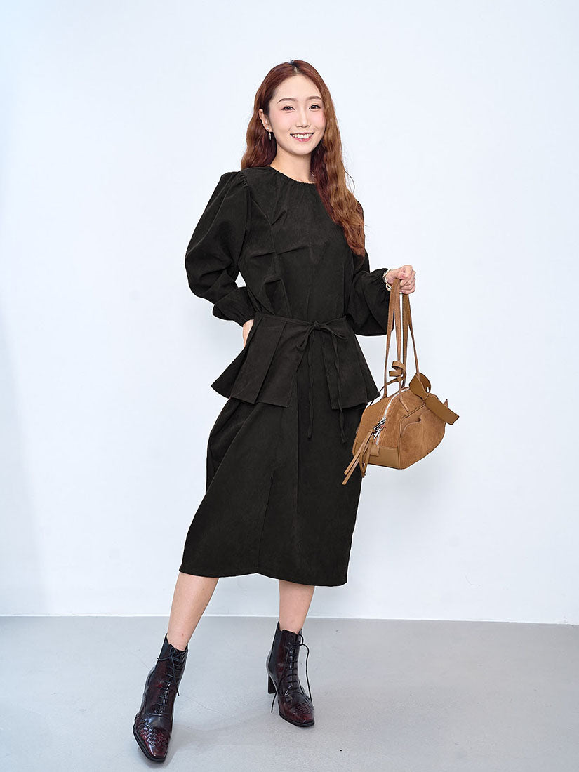 Pleated Drape Corduroy Dress With Pleated Belt (2 Colours)