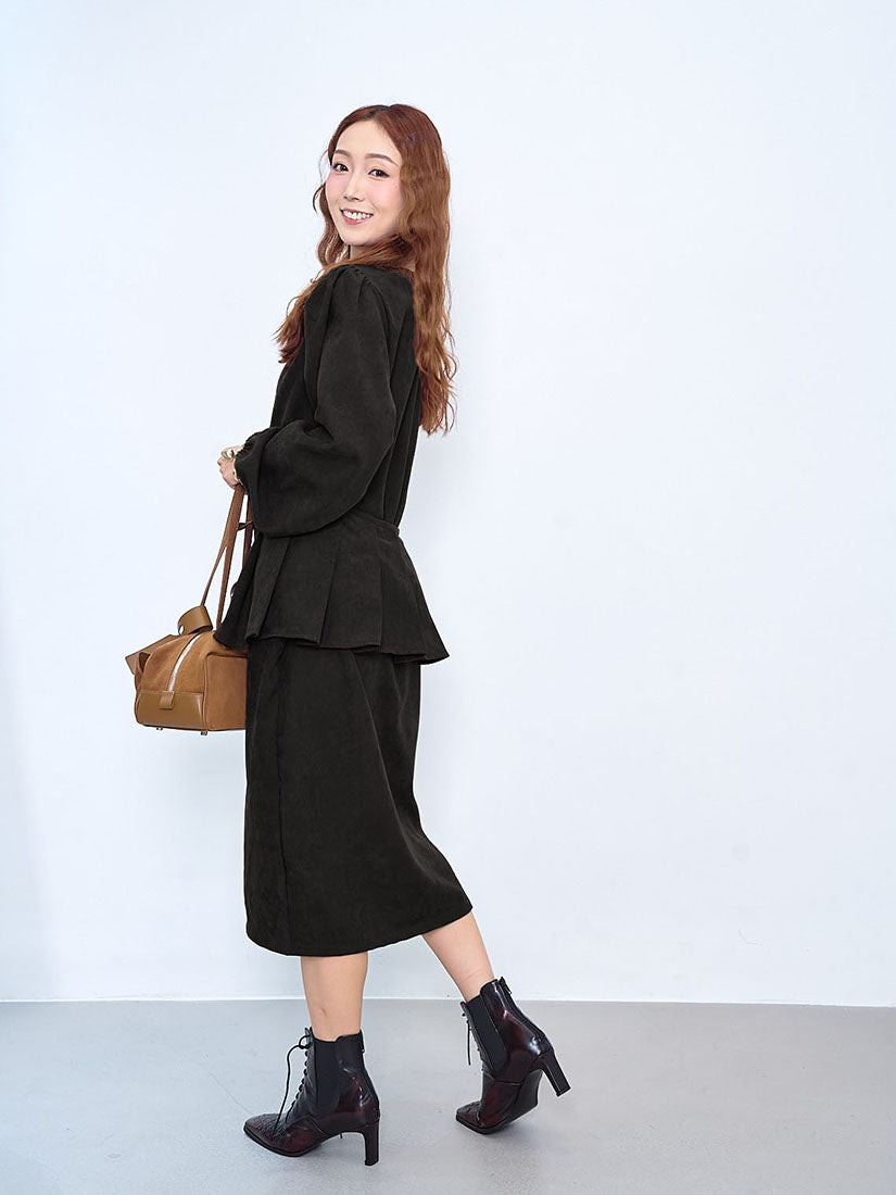 Pleated Drape Corduroy Dress With Pleated Belt (2 Colours)