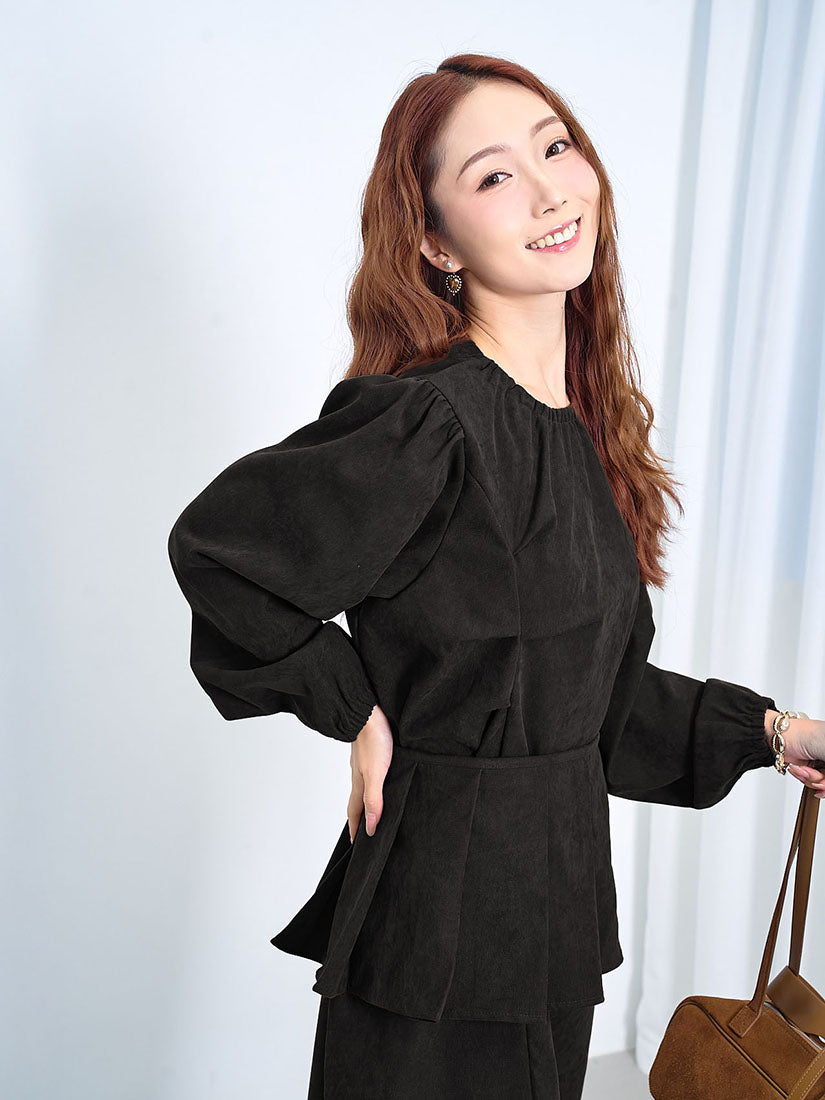 Pleated Drape Corduroy Dress With Pleated Belt (2 Colours)