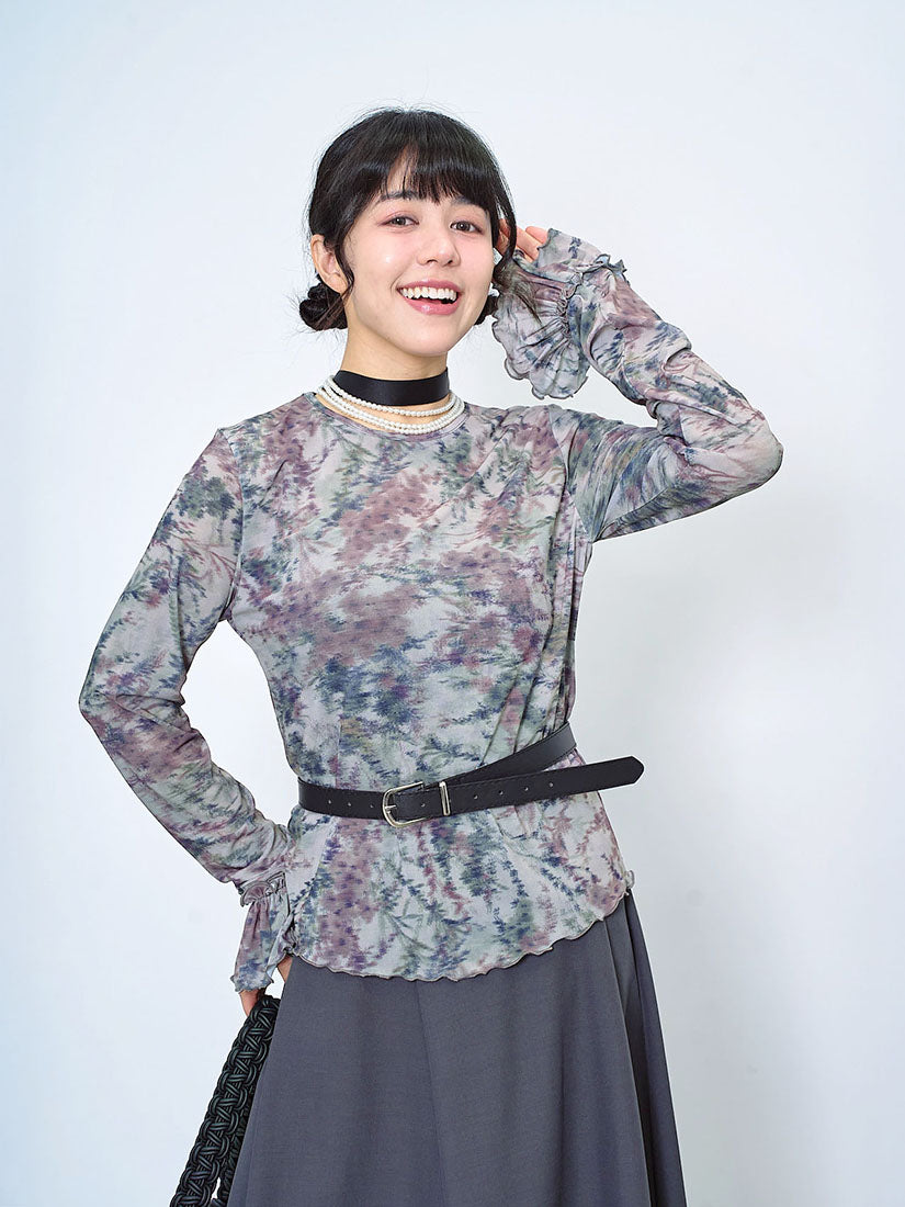 Ruffled Cuff Blur Floral Printed Mesh Top (2 Colours)