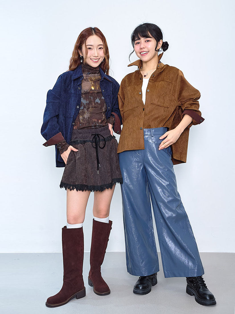 Faux Leather Trim Velvet Twill Shirt (2 Colours)