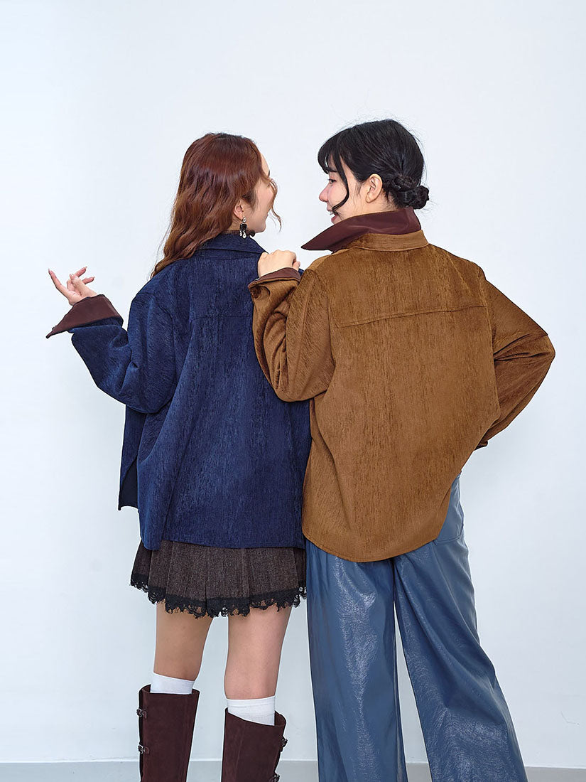 Faux Leather Trim Velvet Twill Shirt (2 Colours)