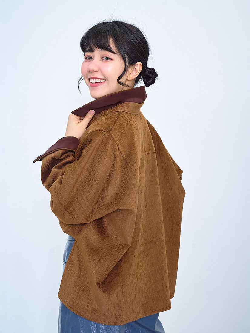 Faux Leather Trim Velvet Twill Shirt (2 Colours)