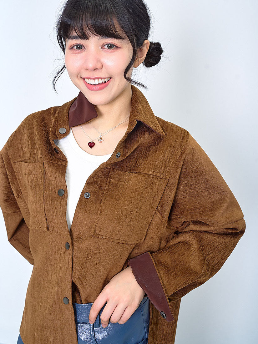 Faux Leather Trim Velvet Twill Shirt (2 Colours)