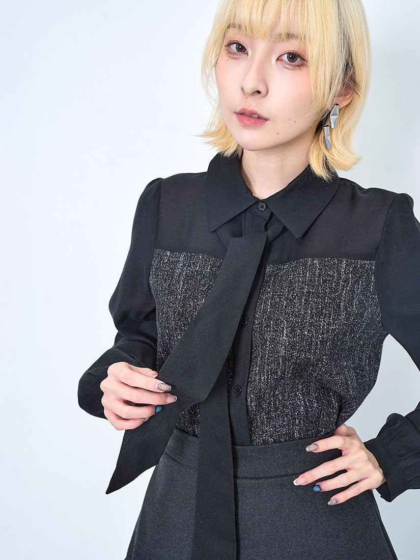 Tweed Panel Tie Neck Shirt (2 Colours)