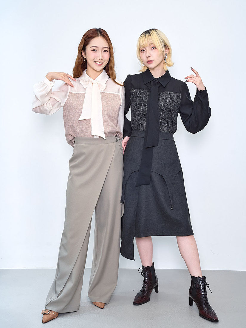 Tweed Panel Tie Neck Shirt (2 Colours)