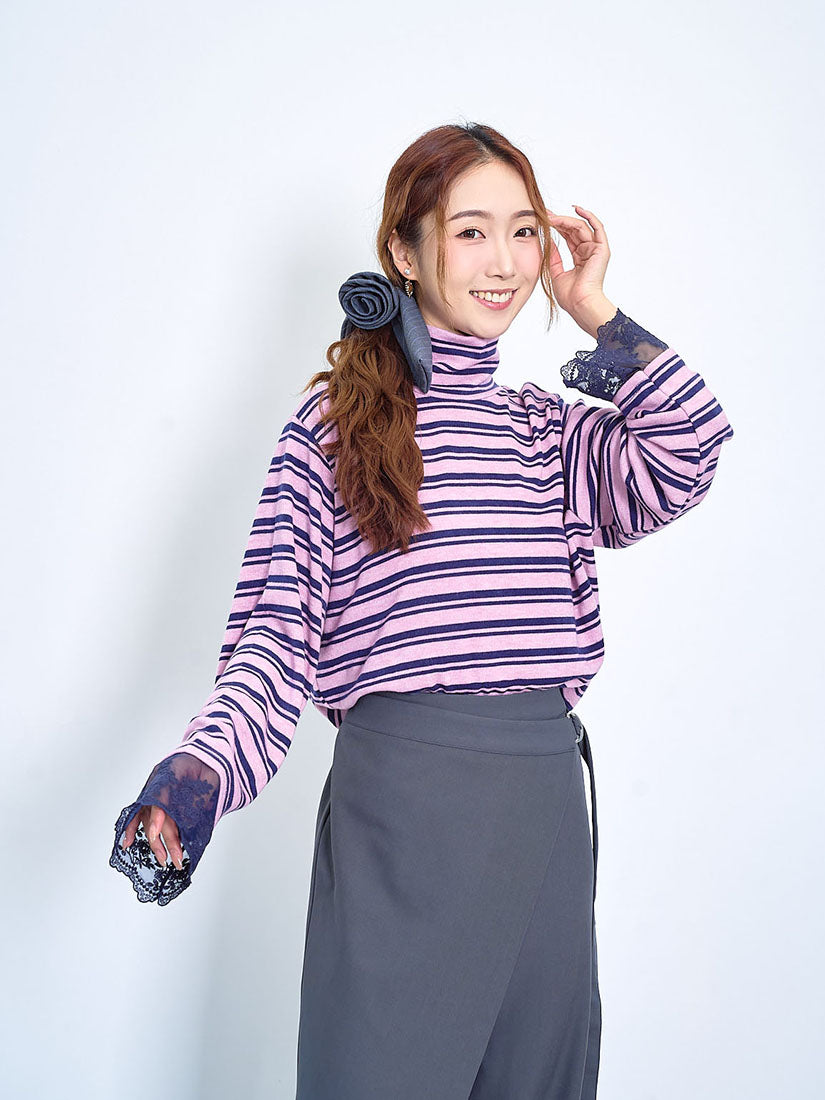 Lace Cuff Striped Turtle Neck Top (2 Colours)