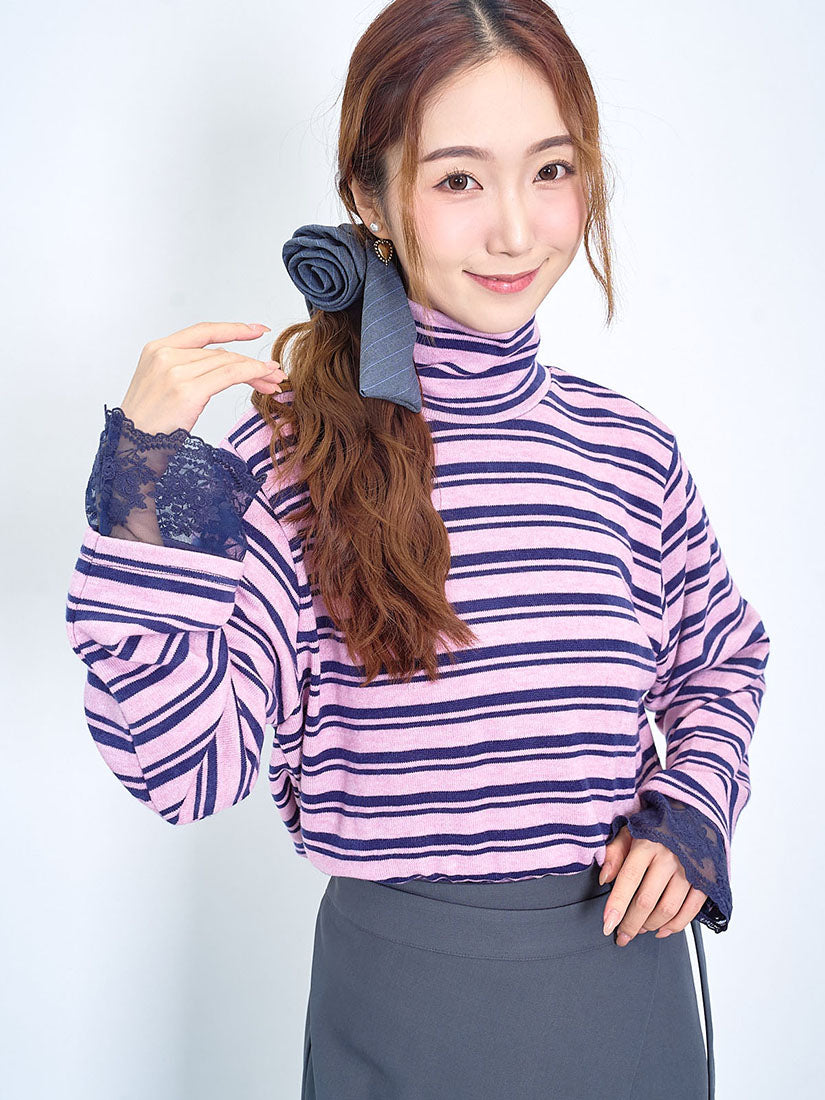 Lace Cuff Striped Turtle Neck Top (2 Colours)
