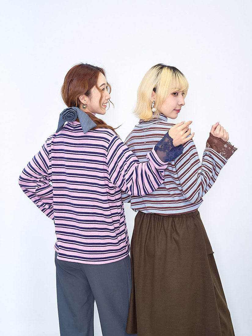 Lace Cuff Striped Turtle Neck Top (2 Colours)