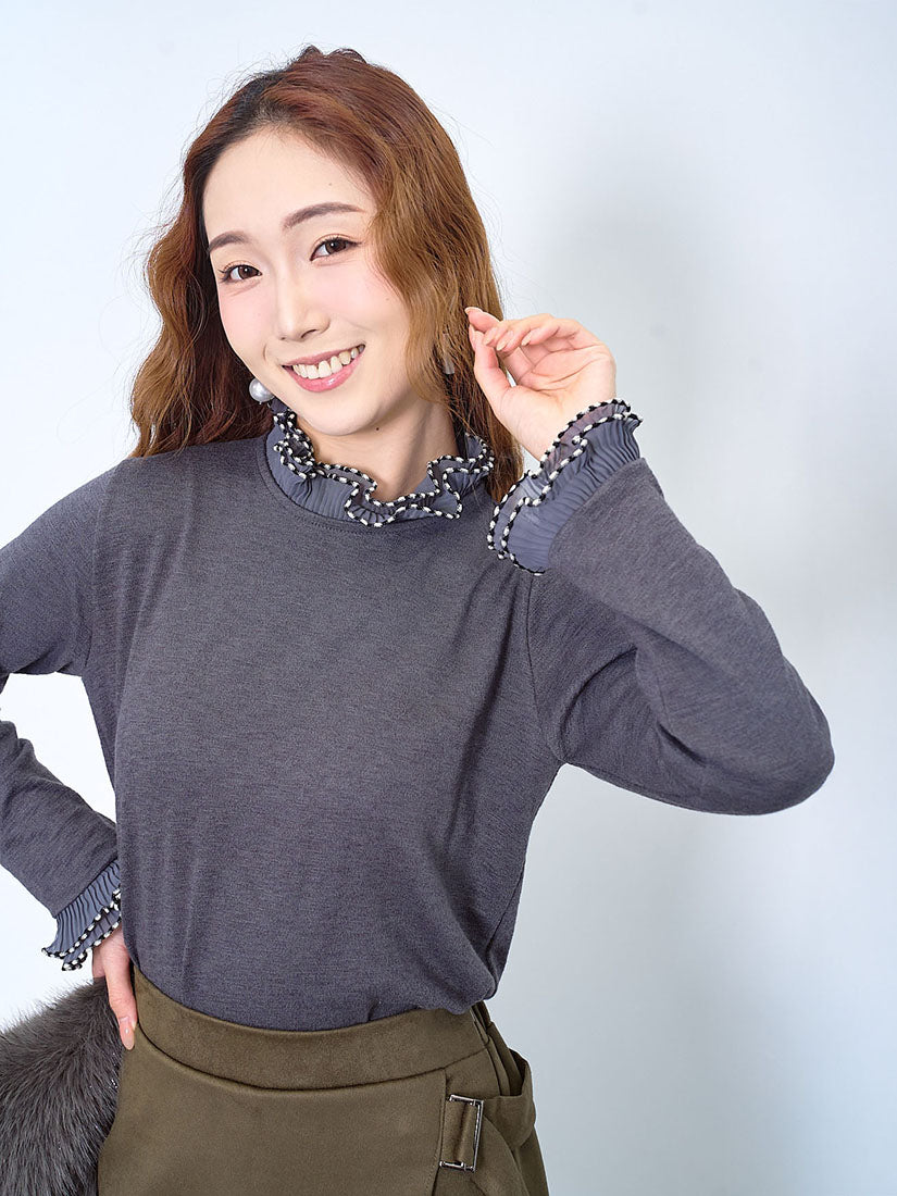 Chiffon Pleated Ruffle Collar Cuff Top (3 Colours)