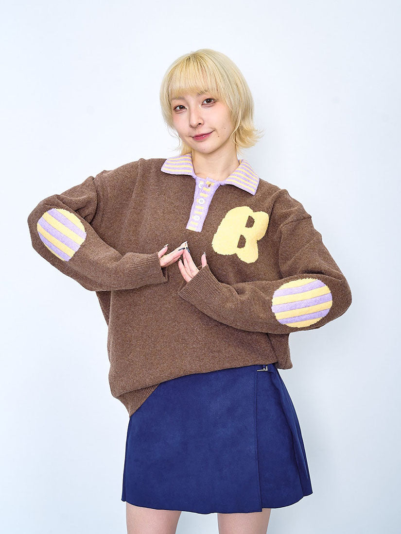 Striped Collar Elbow Patch Sweater (2 Colours)