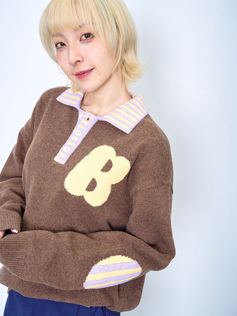 Striped Collar Elbow Patch Sweater (2 Colours)