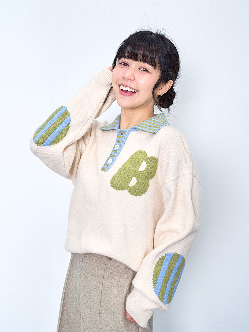Striped Collar Elbow Patch Sweater (2 Colours)