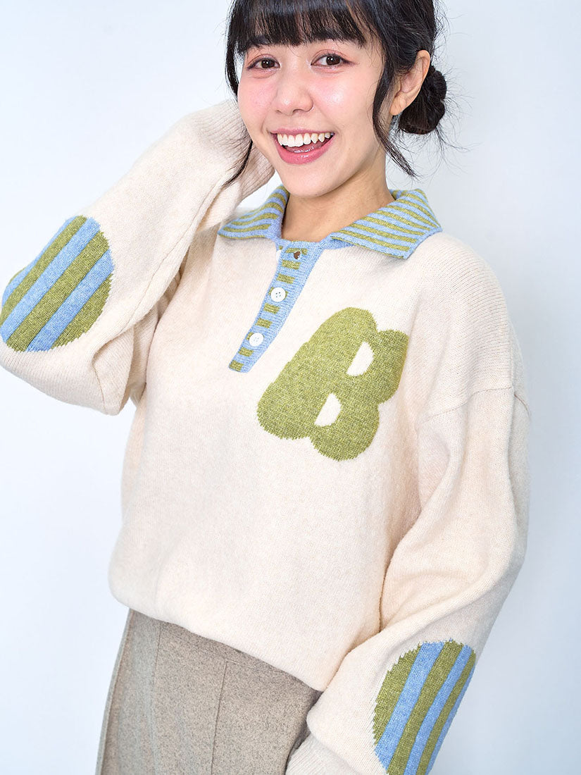 Striped Collar Elbow Patch Sweater (2 Colours)