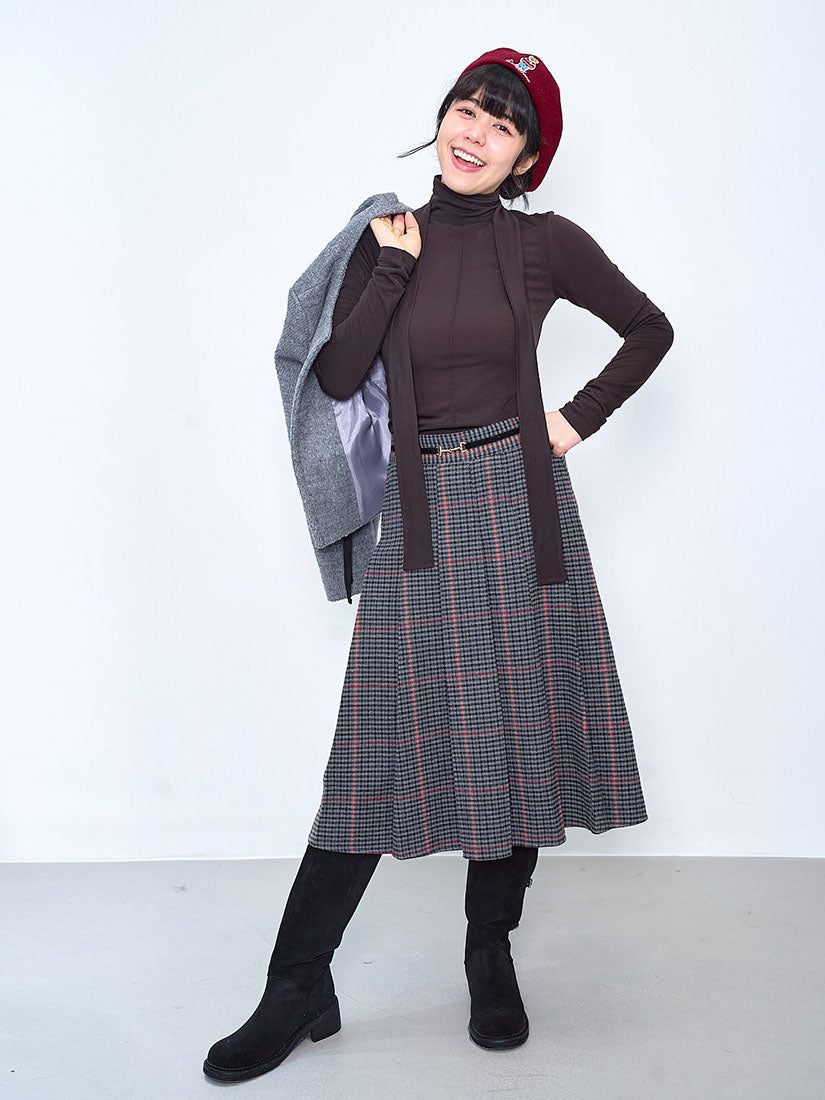 Horsebit Detailed Glen Check Pleated Skirt (2 Colours)