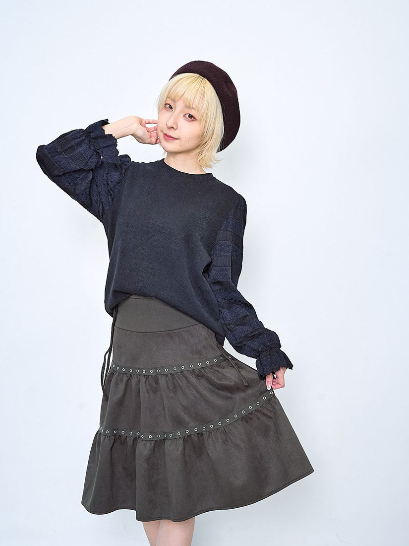 Brushed Lace Sleeve Knit Top (2 Colours)