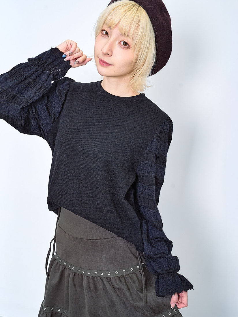 Brushed Lace Sleeve Knit Top (2 Colours)