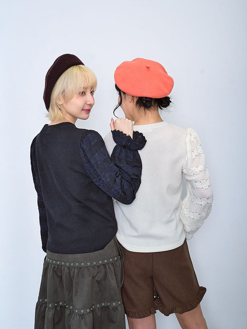 Brushed Lace Sleeve Knit Top (2 Colours)