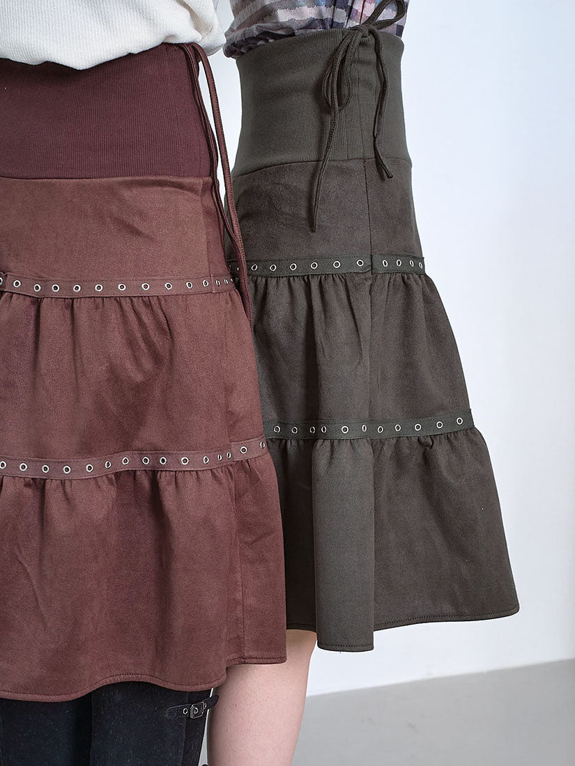 Eyelet Suede Tiered Skirt (2 Colours)