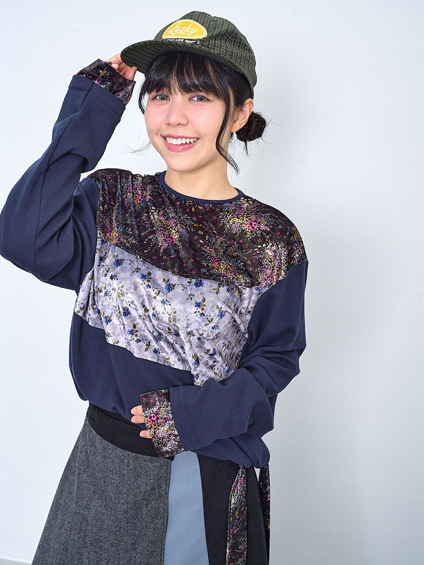 Floral Printed Velvet Patchwork Top (2 Colours)