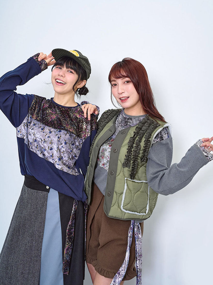 Floral Printed Velvet Patchwork Top (2 Colours)