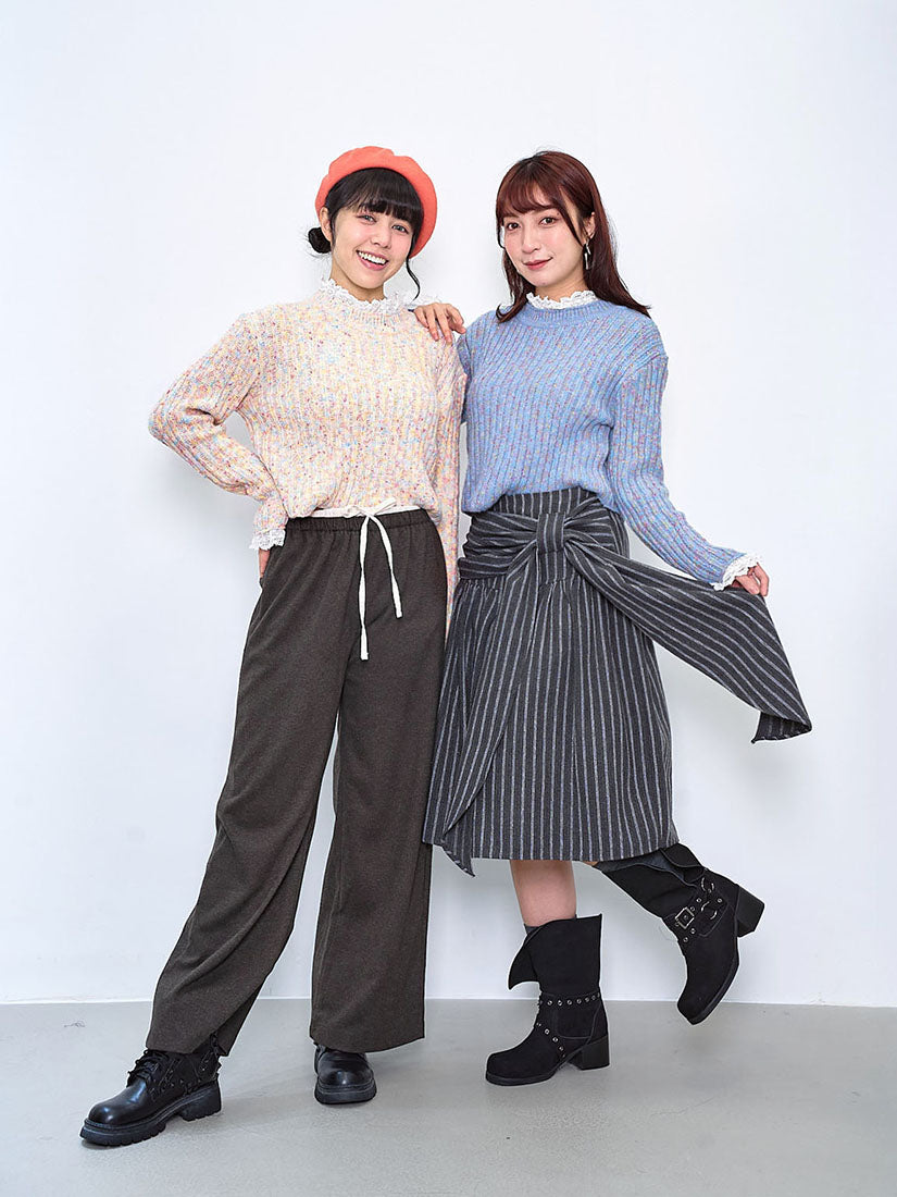 Lace Trim Multicolour Ribbed Crop Sweater (2 Colours)