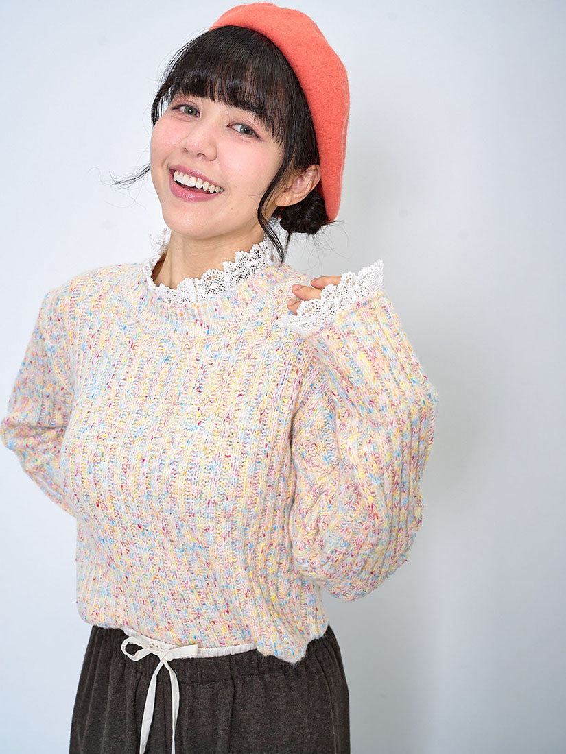 Lace Trim Multicolour Ribbed Crop Sweater (2 Colours)