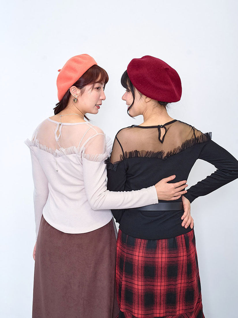 Mesh Shoulder Heart Shaped Neck Top (2 Colours)