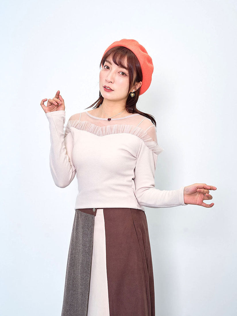 Mesh Shoulder Heart Shaped Neck Top (2 Colours)