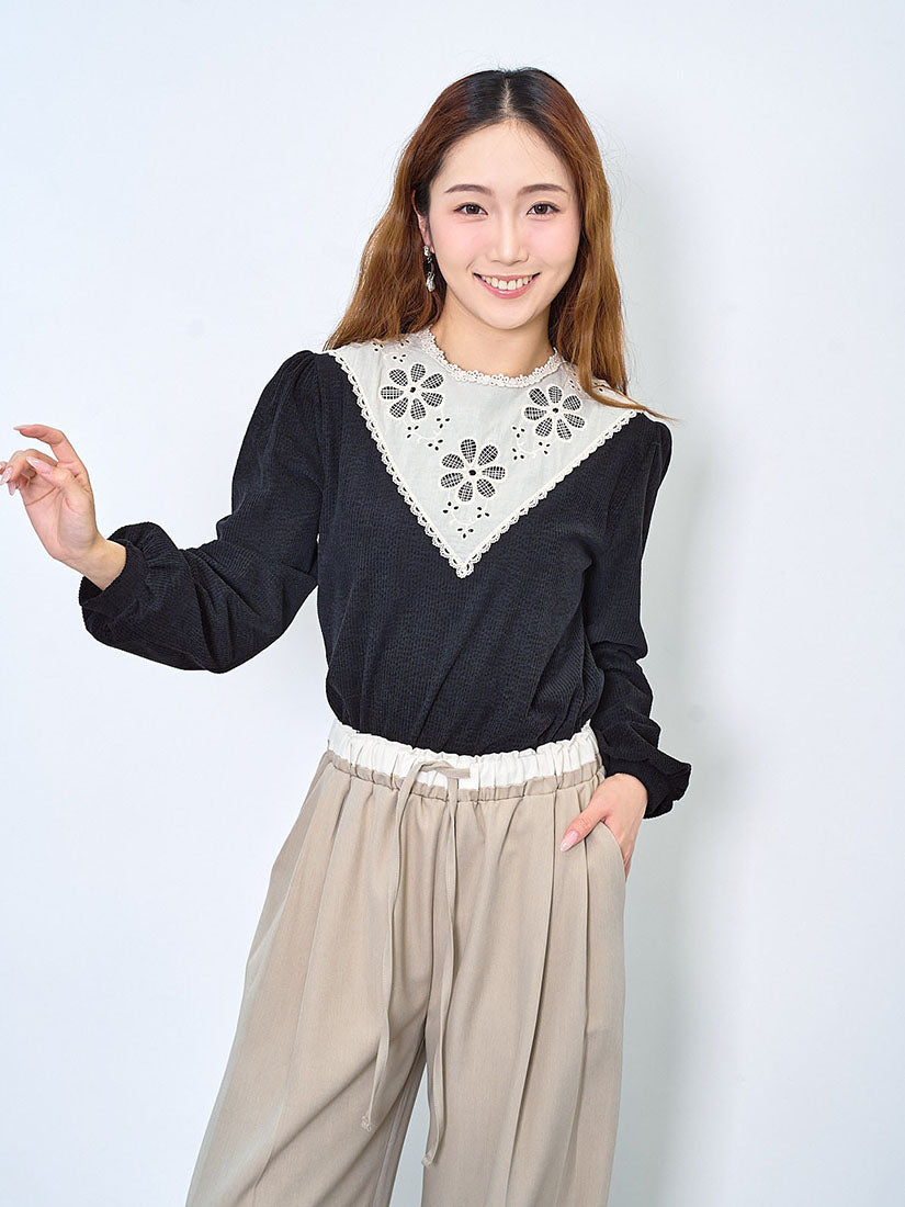 Lace Patch Yoke Wrinkle Top (2 Colours)