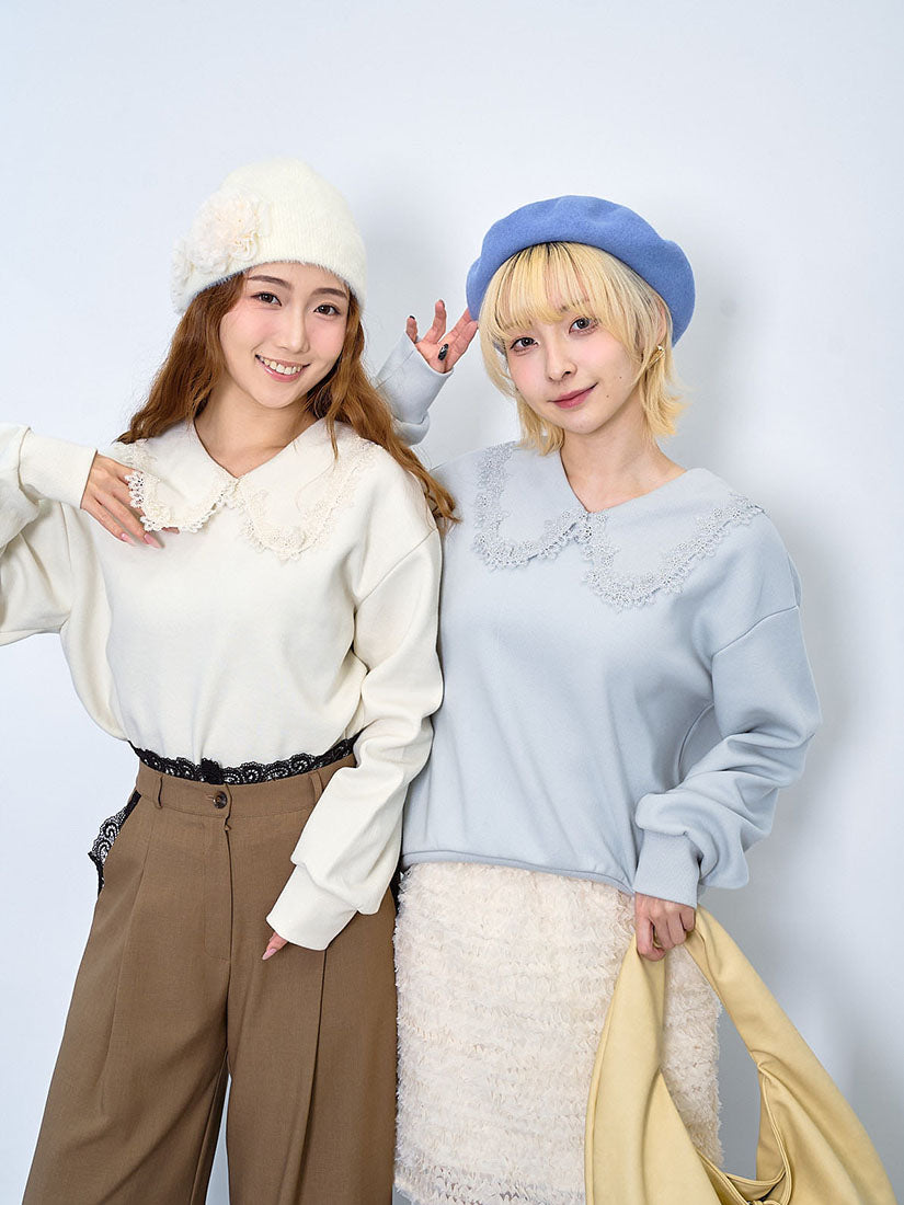 Lace Edge Rib Collar Sweatshirt (2 Colours)