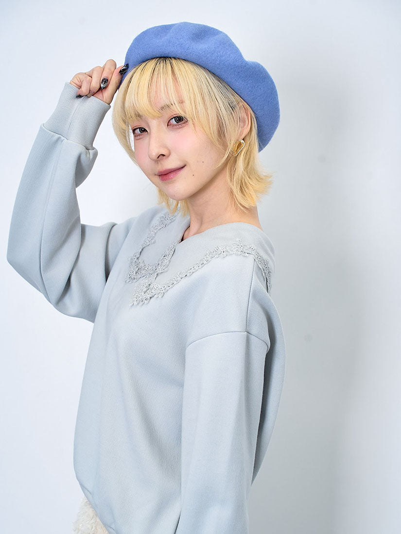 Lace Edge Rib Collar Sweatshirt (2 Colours)