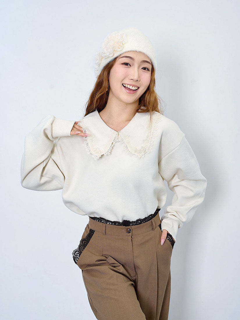 Lace Edge Rib Collar Sweatshirt (2 Colours)