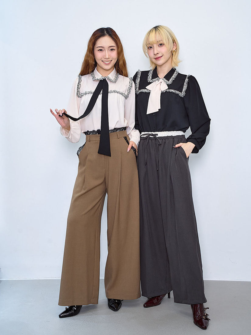 Tweed Tape Trim Bow Blouse (2 Colours)