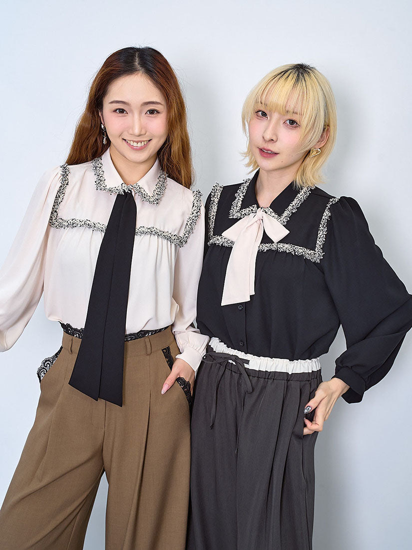 Tweed Tape Trim Bow Blouse (2 Colours)