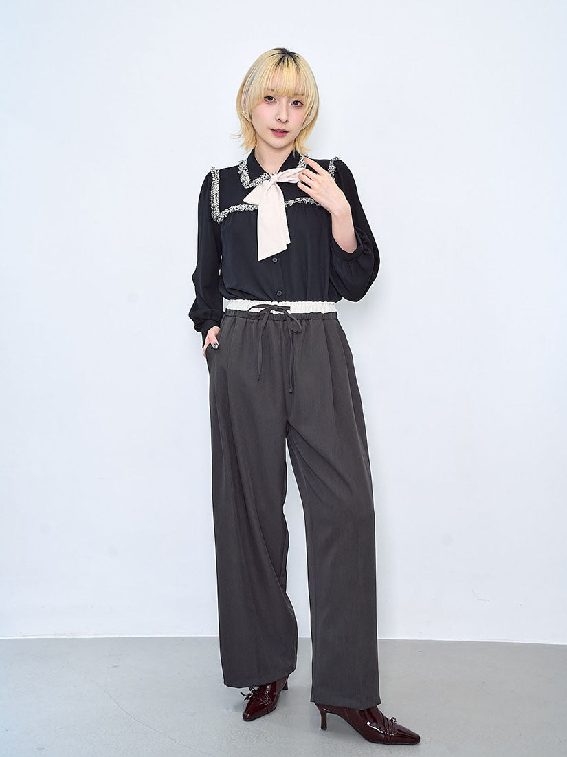 Tweed Tape Trim Bow Blouse (2 Colours)