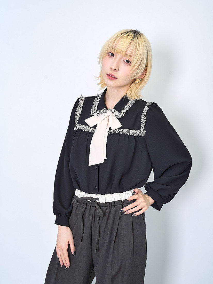 Tweed Tape Trim Bow Blouse (2 Colours)
