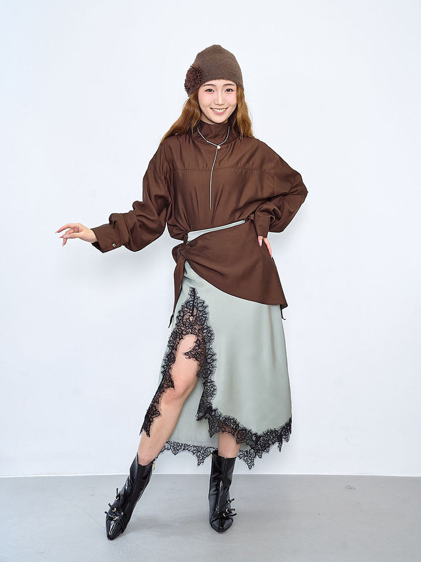 Turtle Neck Silky Blouse With Scarf (2 Colours)