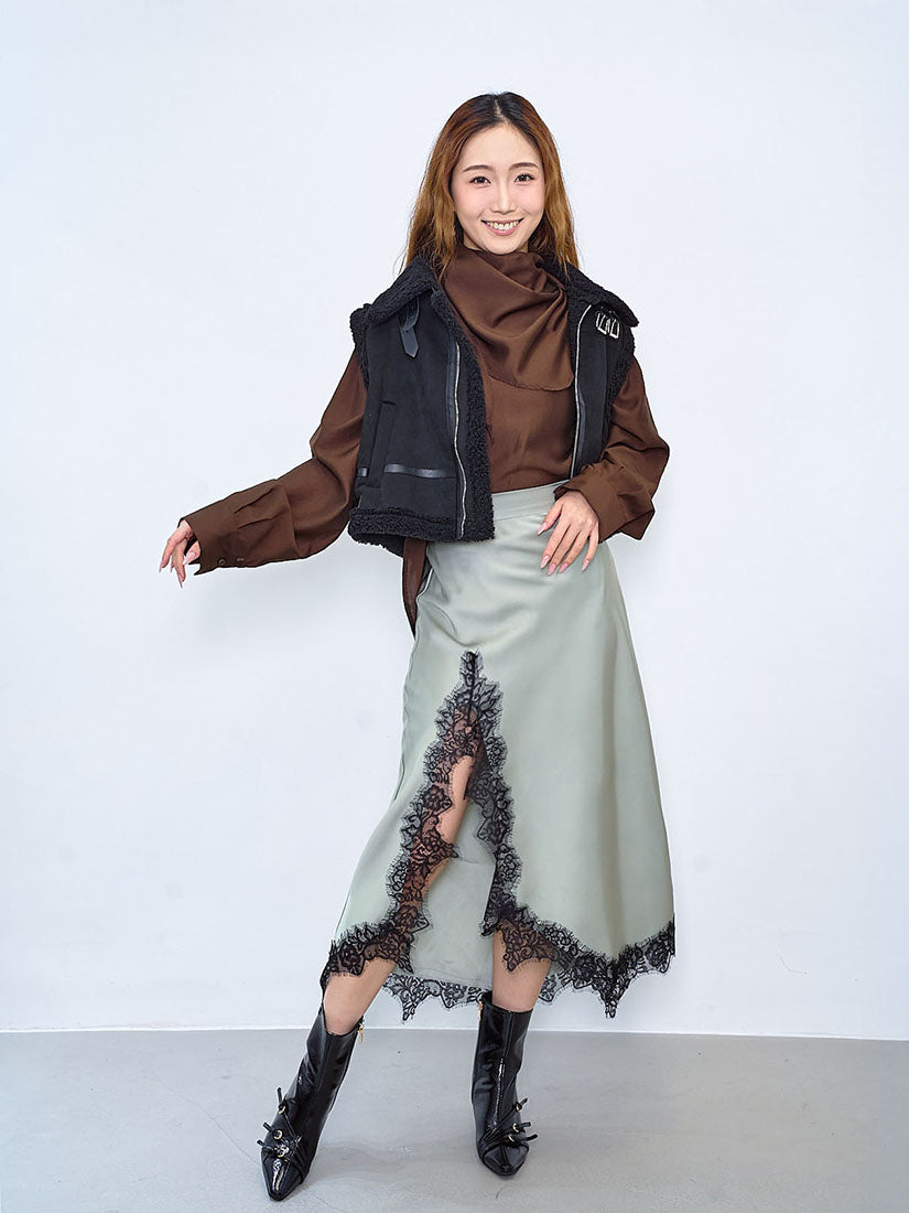 Asymmetric Lace Hem Slit Skirt (2 Colours)