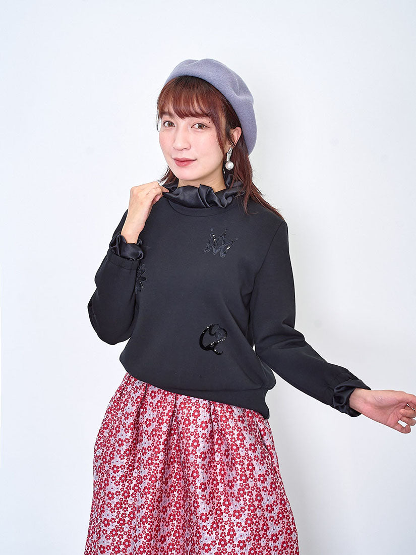 Ruffle Satin Collar Trim Sweatshirt (2 Colours)