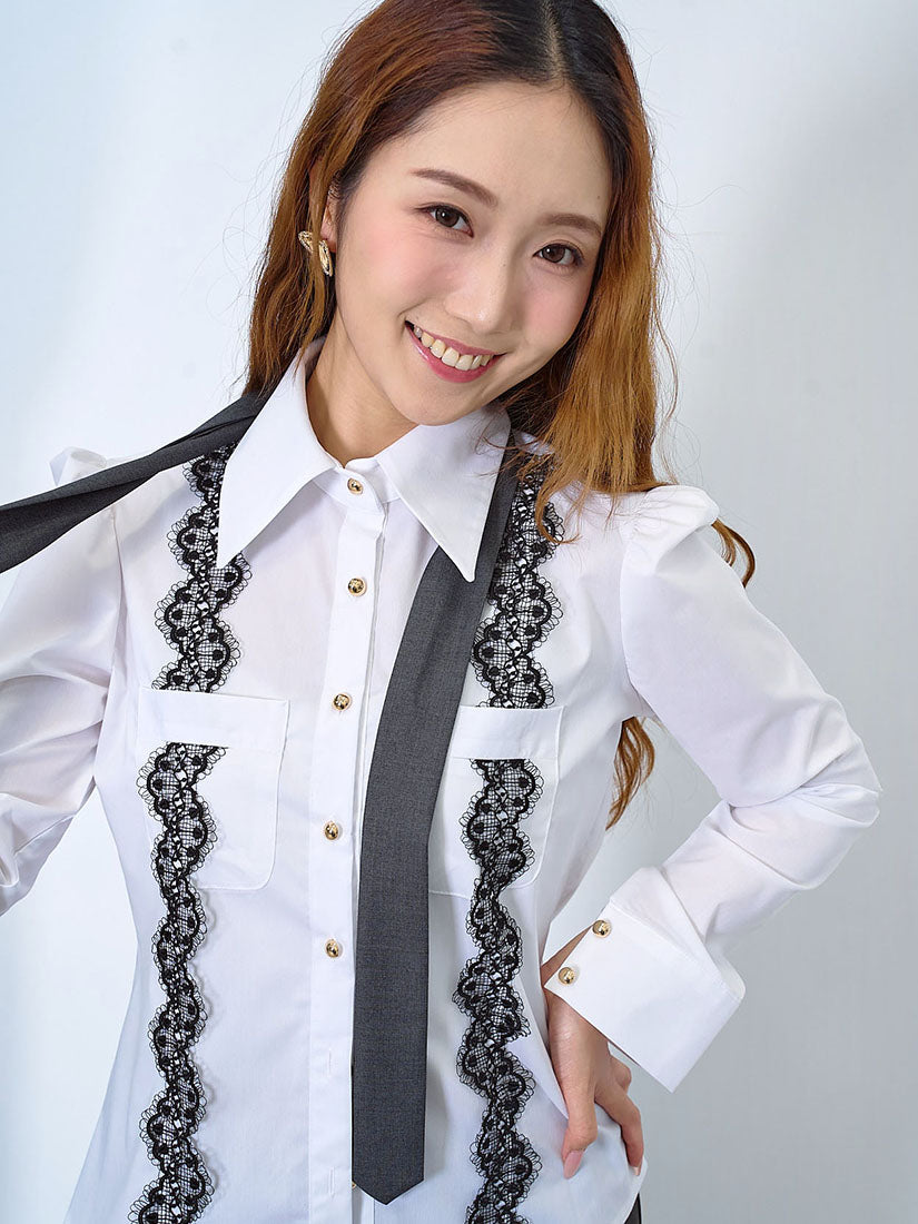 Lace Trim Pocket Shirt With Tie (2 Colours)