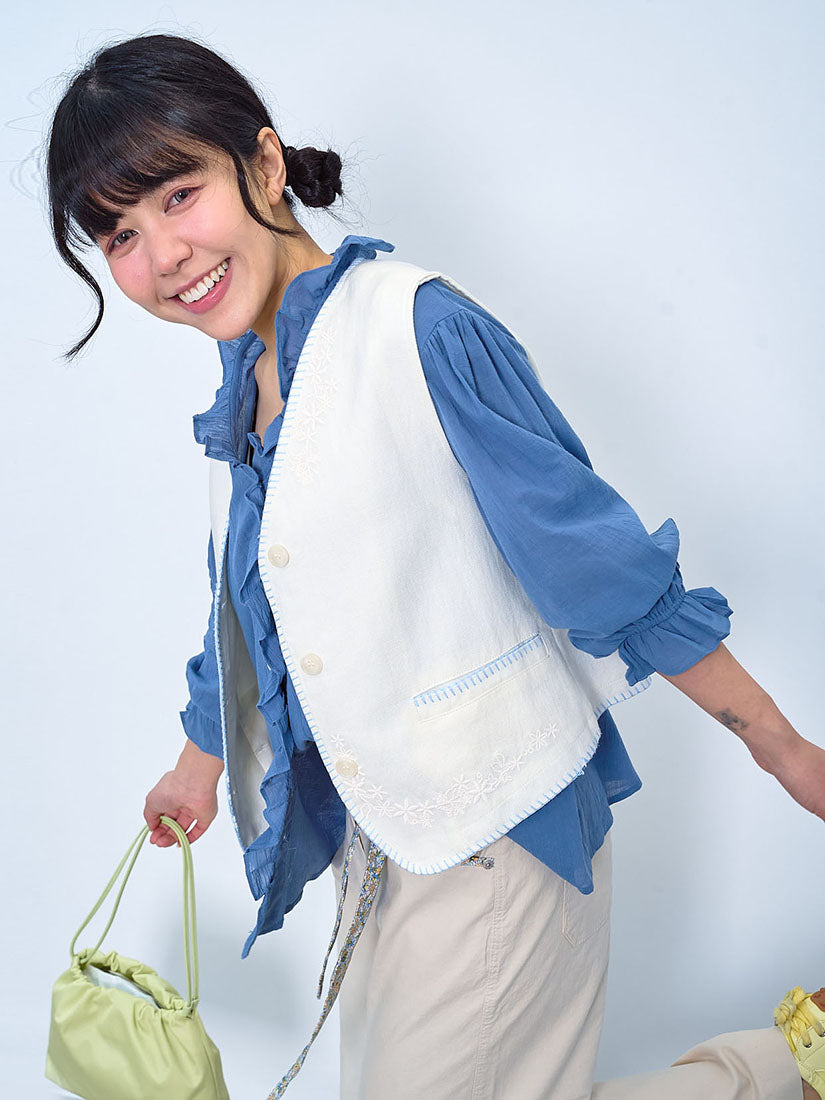 Blanket Stitch Edge Embroidered Vest Jacket (2 Colours)