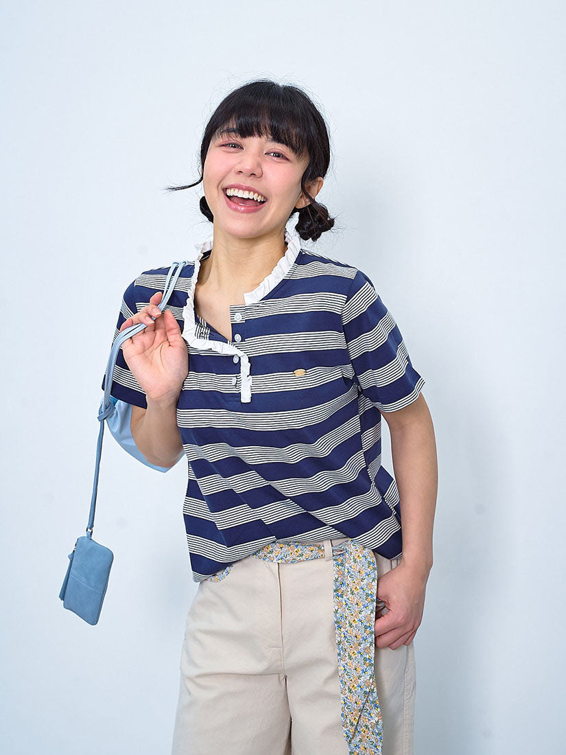 Ruffle Neck Trim Striped Top (2 Colours)