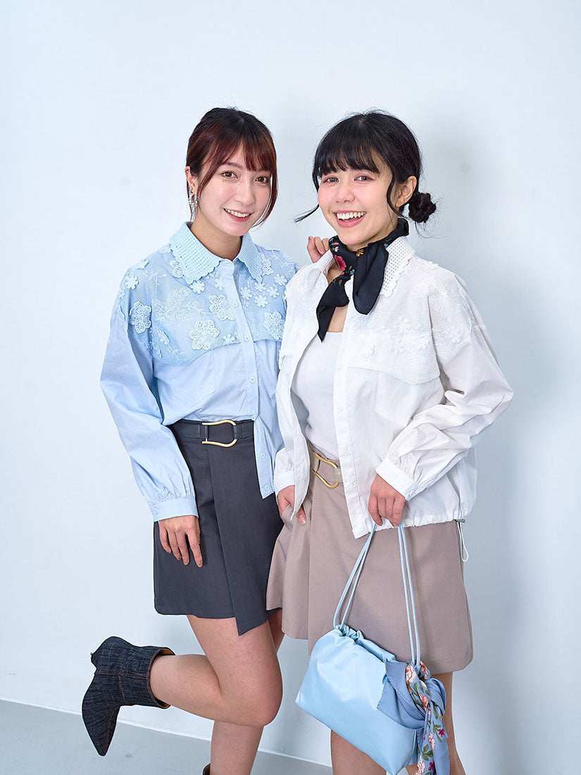 Net Lace Yoke Drawstring Waist Blouse (2 Colours)