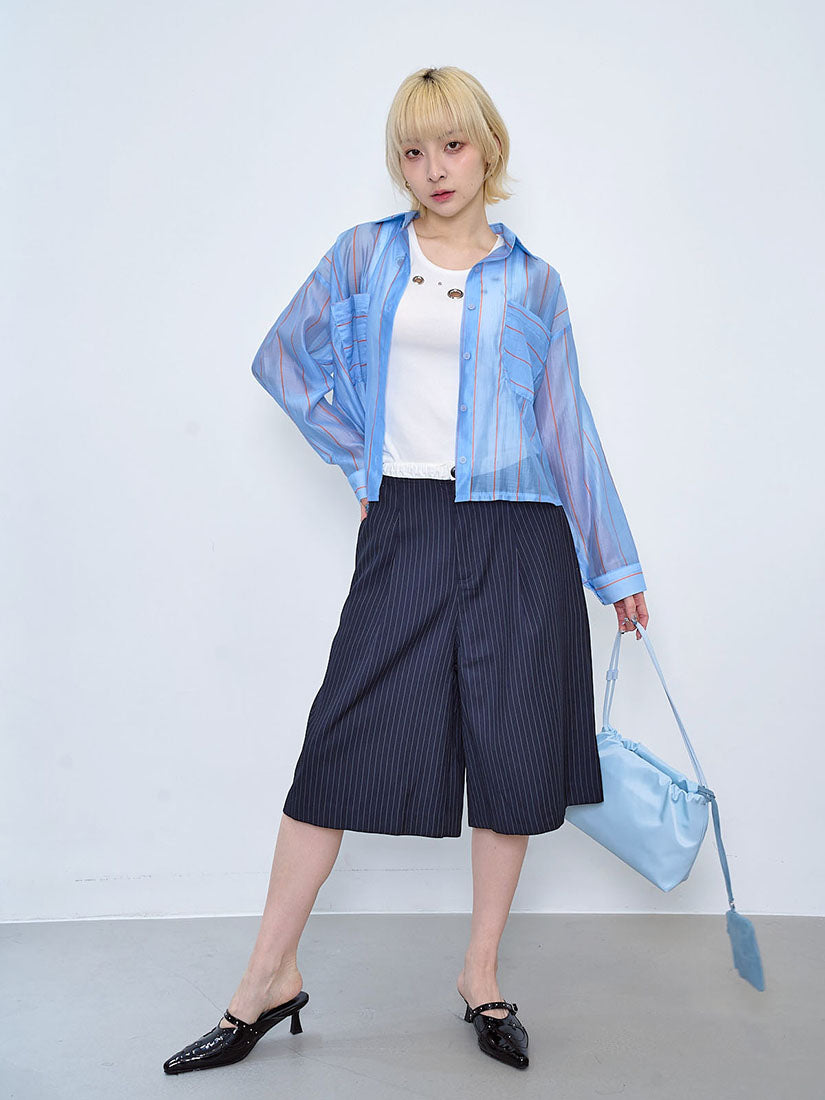 Contrast Drawstring Waist Pin Striped Bermuda Shorts (2 Colours)